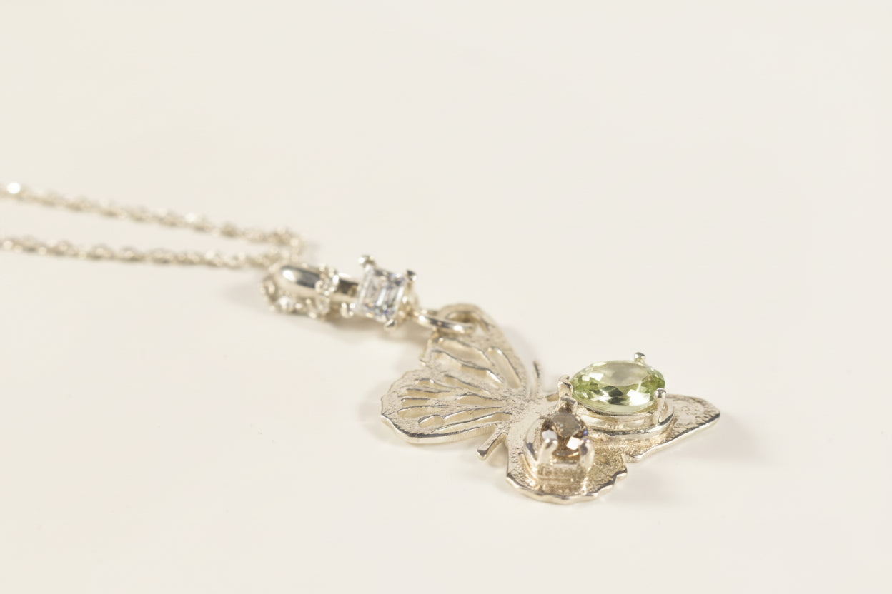.925 Silver Butterfly Pendant - with Prasiolite, Smoky Quartz and Cubic Zirconia gems.