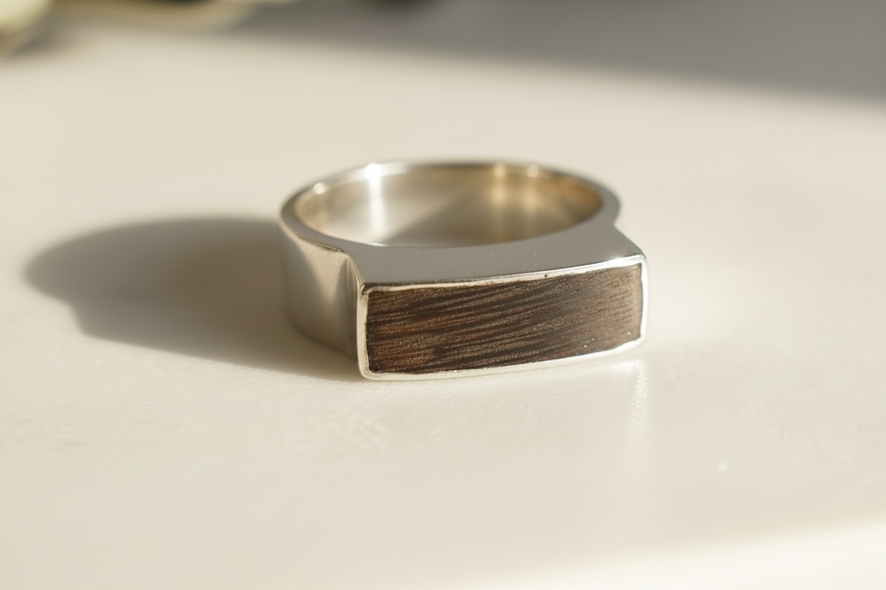 .925 Silver Ring with Ebony Inlay - Dramatic Wood Grain