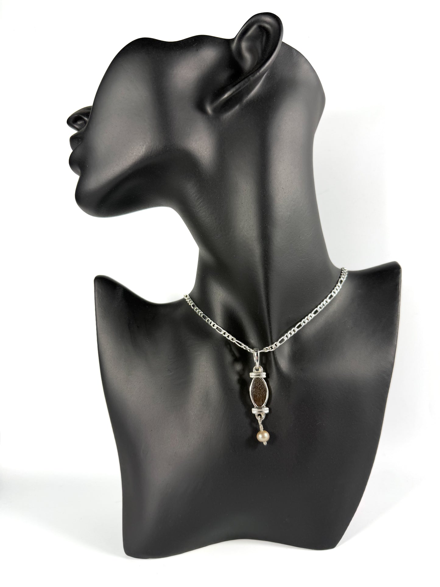 .925 Silver, Freshwater Pearl and Ebony Wood Pendant - One of a Kind