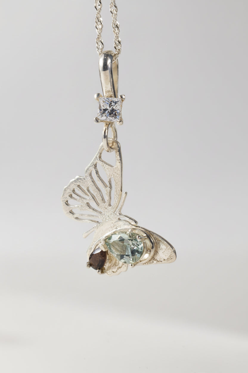 .925 Silver Butterfly Pendant - with Prasiolite, Smoky Quartz and Cubic Zirconia gems.