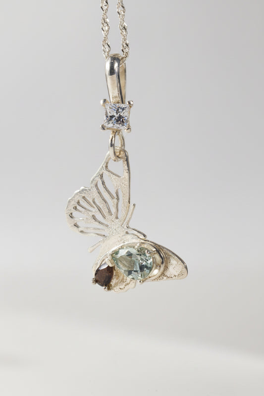 .925 Silver Butterfly Pendant - with Prasiolite, Smoky Quartz and Cubic Zirconia gems.